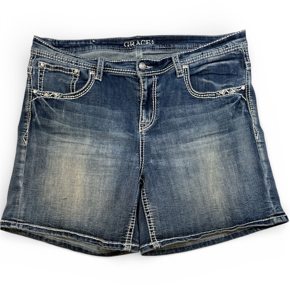 Grace in LA Rhinestone Embroidered Bermuda Denim Shorts Size 18